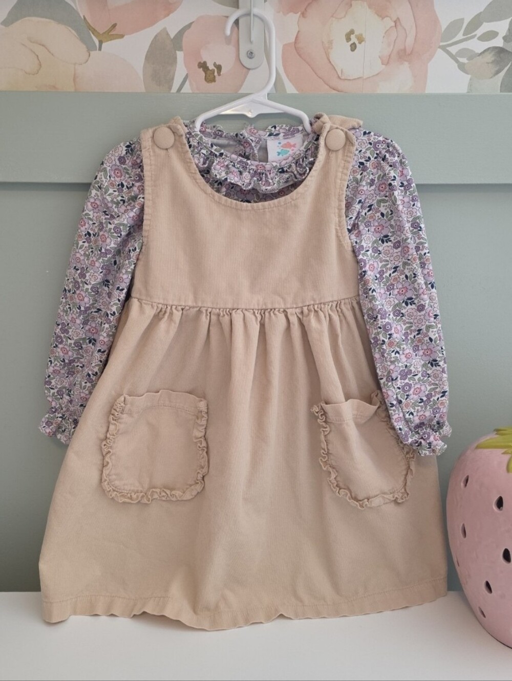 Stitchy Fish 3t Pinafore Dress with Floral Long-Sleeve Top Fall Winter Smocked